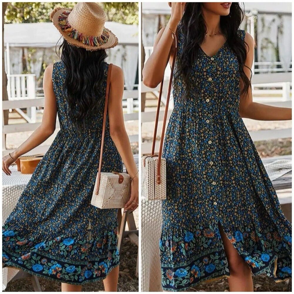TEMOFON Women's Size Small Sleeveless Button Down Floral Summer Dress